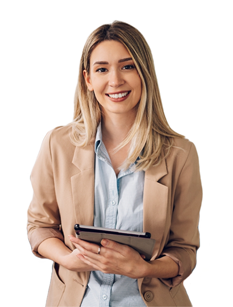 Smiling woman holding a tablet while reviewing loan information